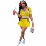 Yellow Short Sleeve Printed Letter Sports Skirt Dress