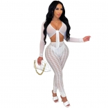 White Long Sleeve Mesh Lace Bodycon 2PCS Women Jumpsuit