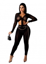 Black Long Sleeve Mesh Lace Bodycon 2PCS Women Jumpsuit