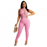 Pink Sleeveless Mesh Gird Fashion OL Women Jumpsuit Dress