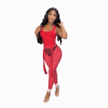 Red Halter Low-Cut Mesh Sexy Women Sports Dress