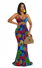 Blue Halter Sleeveless V-Neck Printed Women Maxi Dress