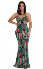 Green Halter Sleeveless V-Neck Printed Women Maxi Dress