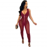 Red Sleeveless Halter V-Neck Mesh Rhinestone Zipper Sexy Jumpsuit