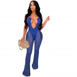 Blue Sleeveless Deep V-Neck Mesh Women Sexy Jumpsuit