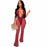 Red Sleeveless Deep V-Neck Mesh Women Sexy Jumpsuit