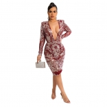 Red Long Sleeve Deep V-Neck Sequins Bodycon Midi Dress