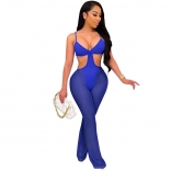 Blue Halter Low-Cut Mesh Sexy Hollow-out Women Jumpsuit