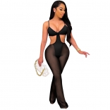 Black Halter Low-Cut Mesh Sexy Hollow-out Women Jumpsuit