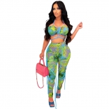 Green Sleeveless Halter Printed V-Neck Bodycon Women Sexy Jumpsuit