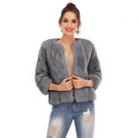 Grey O-Neck Fashion Women Feather Coat