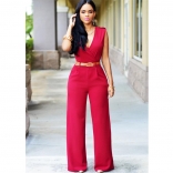 Red V-neck Wide-legge Belt Suit Women Jumpsuit Ladies Work