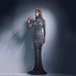 Grey Long Sleeve Mesh Gilding Fashion Evening Long Dress