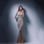 Silver Long Sleeve Mesh Gilding Fashion Evening Long Dress