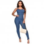 RoyalBlue Sleeveless Halter Low-Cut Jeans Bodycon Sexy Jumpsuit