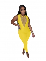 Yellow Sleeveless Mesh Rhinestone Deep V-Neck Bodycon Sexy Jumpsuit