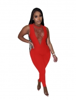 Red Sleeveless Mesh Rhinestone Deep V-Neck Bodycon Sexy Jumpsuit