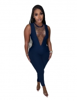 RoyalBlue Sleeveless Mesh Rhinestone Deep V-Neck Bodycon Sexy Jumpsuit