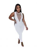 White Sleeveless Mesh Rhinestone Deep V-Neck Bodycon Sexy Jumpsuit