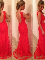 Red Sleeveless Lace Women Fashion Maxi Dress