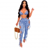 Blue Halter Low-Cut Printed Sexy Women Bandage Jumpsuit