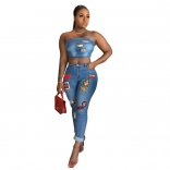 Blue Halter Sleeveless Jeans Bodycon WOmen Jumpsuit