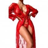 Red Long Sleeve Lace Sexy Women Sleep Wear