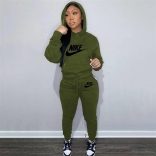 Green Long Sleeve O-Neck Printed Fashion Sports Hoody Dress