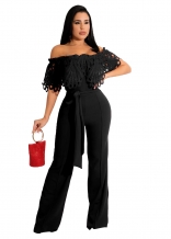 Black Off-Shoulder Hollow-out Lace Bodycon Women Jumpsuit