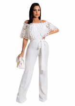 White Off-Shoulder Hollow-out Lace Bodycon Women Jumpsuit