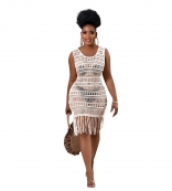 White Sleeveless Hollow-out Nets Tassels Women Club Dress