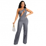 Grey Sleeveless Zipper Hollow-out Women Jeans Sexy Jumpsuit