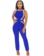 Blue Sleeveless Halter Mesh Bodycon Fashion Women Jumpsuit