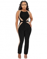 Black Sleeveless Halter Mesh Bodycon Fashion Women Jumpsuit