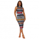 Grey Sleeveless O-Neck Printed Fashion Women Midi Dress