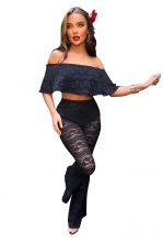 Black Off-Shoulder Lace Women Hollow-out Sexy Jumpsuit