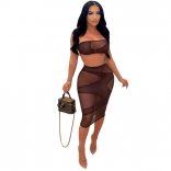Black Sleeveless Boat-neck Mesh Bodycon Midi Dress