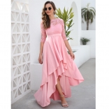 Pink Seven Sleeve Lace O-Neck Women Fashion Jersey Long Dress