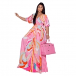 Pink Short Sleeve V-Neck Printed Women Fashion Maxi Dress