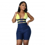 Yellow Sleeveless Deep V-Neck Bandage Jeans Rompers