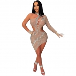 Beige One-Sleeve Deep V-Neck Mesh Rhinestone Sexy Club Dress