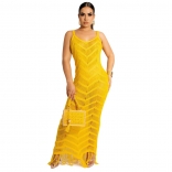 Yellow Halter V-Neck Lace Hollow-out Tassels Women Sexy Midi Dress