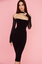 Black Mesh Long Sleeve Bone Sexy Women Bodycon Midi Dress