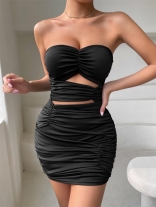 Black Off-Shoulder Boat-Neck Pleated Women Bodycon Mini Dress