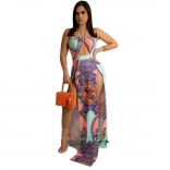 Purple Sleeveless Printed Backless Slit Women Fashion Jersey Dress