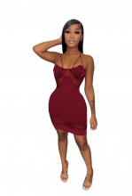 Red Halter Sleeveless Mesh Night Party Women Sexy Dress