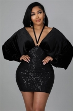 Black Low-Cut Width Sleeve Sequin Bodycon Mini Dress