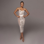 Beige Off-Shoulder Lace Sexy Midi Dress