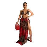 Red Sleeveless Halter Leopard Bikinis Printed Women Maxi Dress