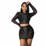 Black Long Sleeve O-Neck Mesh Rhinestone Sexy Mini Dress